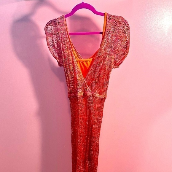 EUC-BEBE ORANGE- GOLD MESH NET DRESS SZ MED - Picture 2 of 2